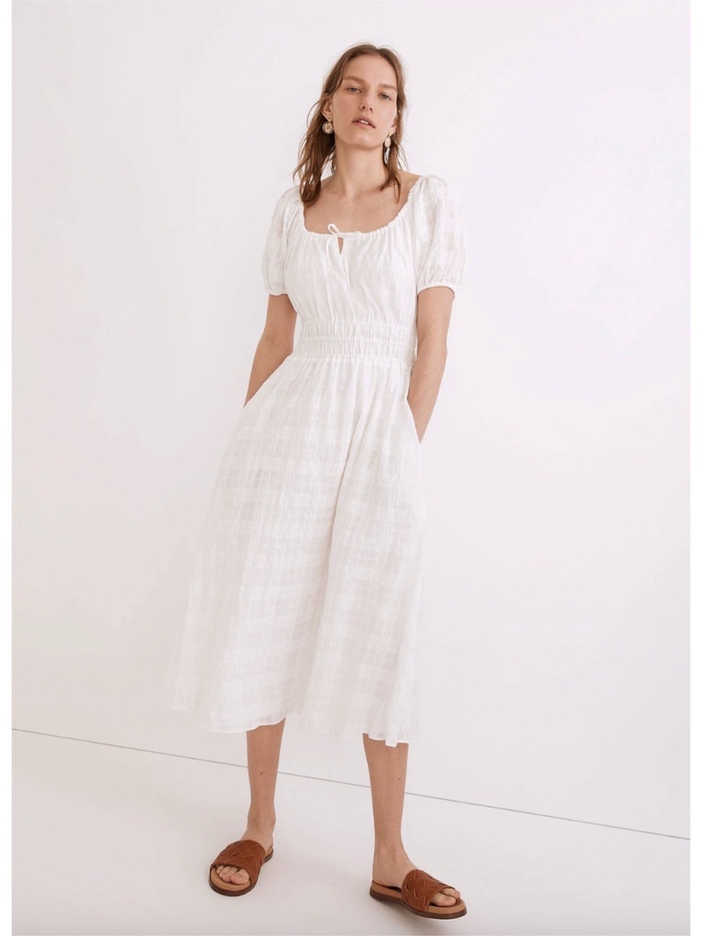 Madewell White Puff-Sleeve Smocked Peasant Maxi Dress Short Sleeve Smocked waist